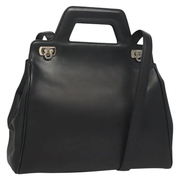 Salvatore Ferragamo Gancini Hand Bag Leather 2way Black Silver Auth 131183 - Picture 1 of 16